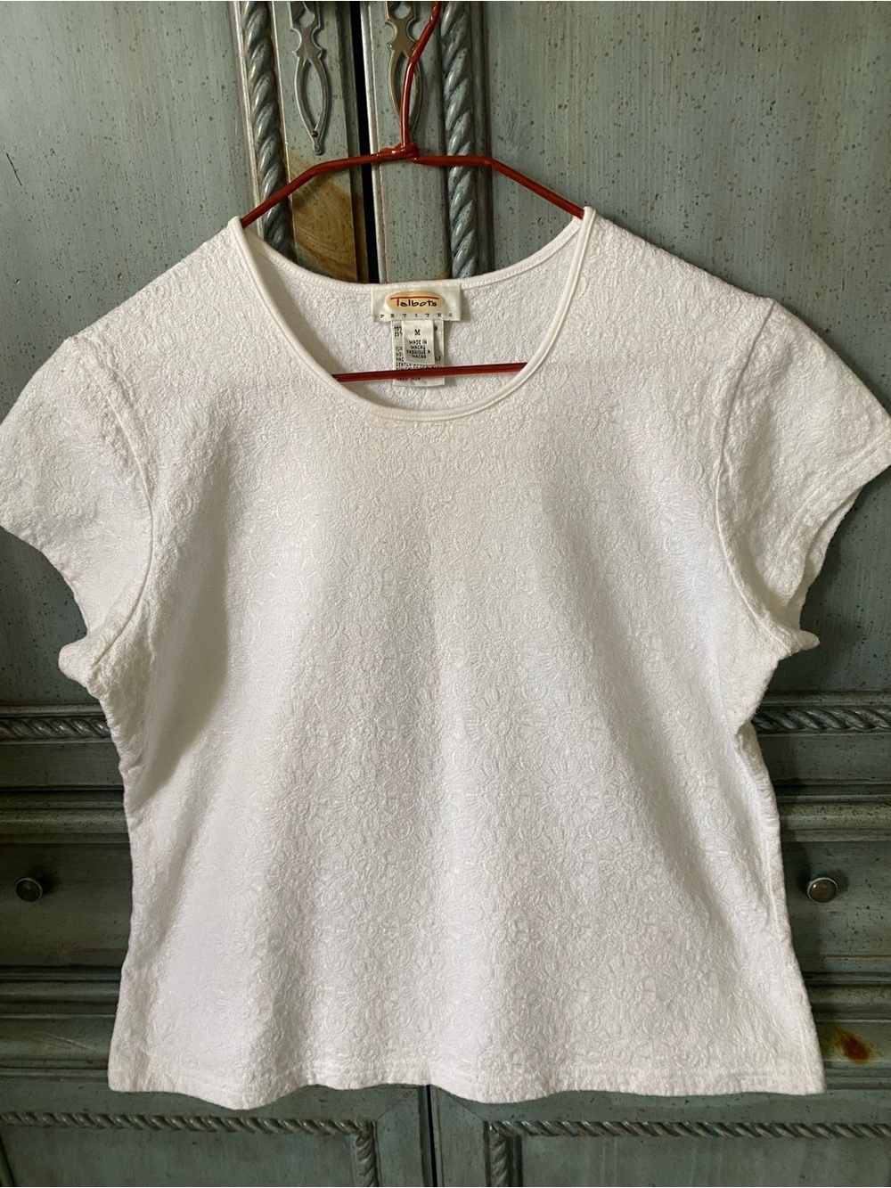 Talbots White Short Sleeve Floral Jacquard Tee